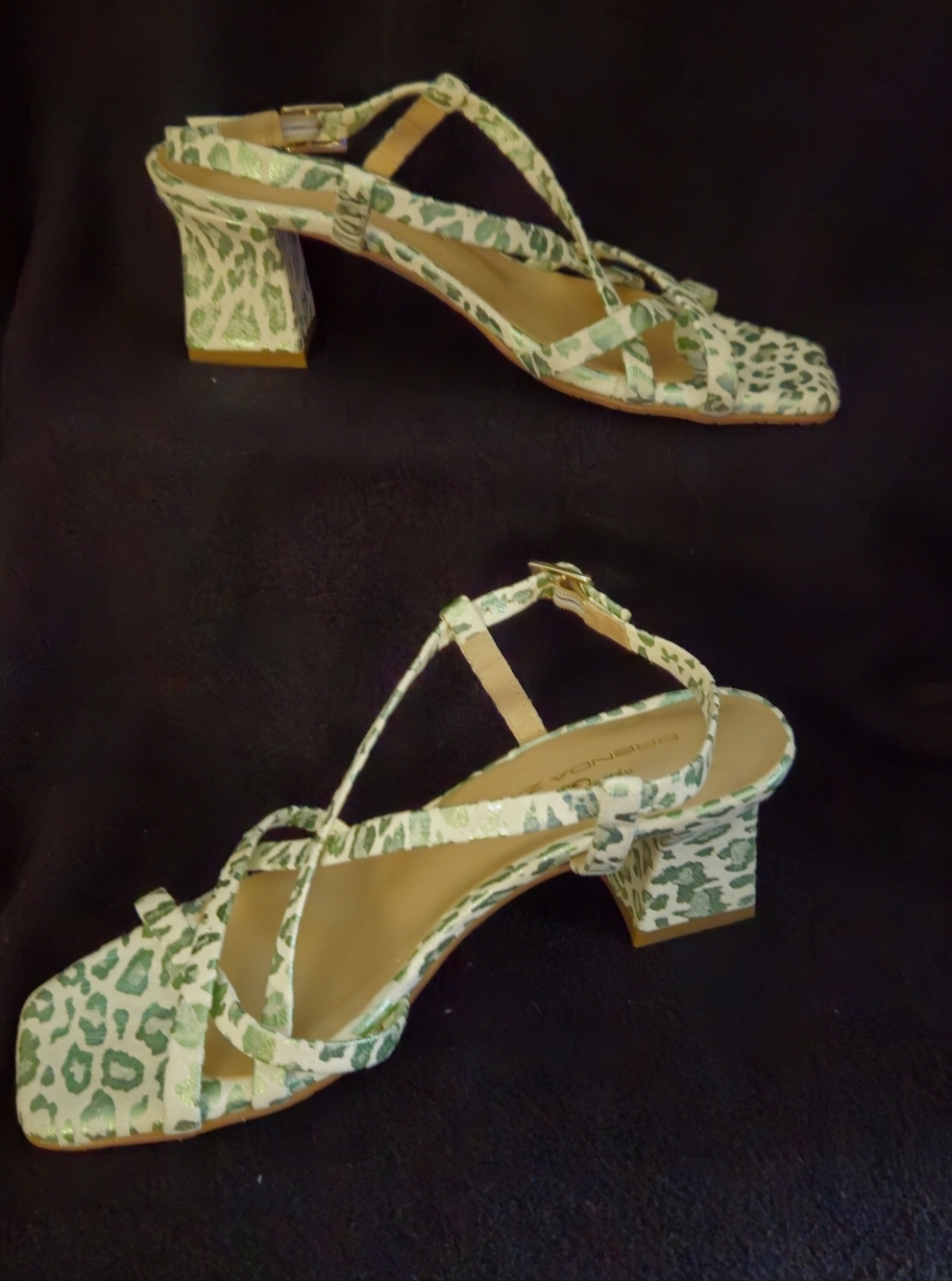 NWOT- Brenda Zaro Green & Cream Leopard Print Leather Strappy Sandals - Size 6.5